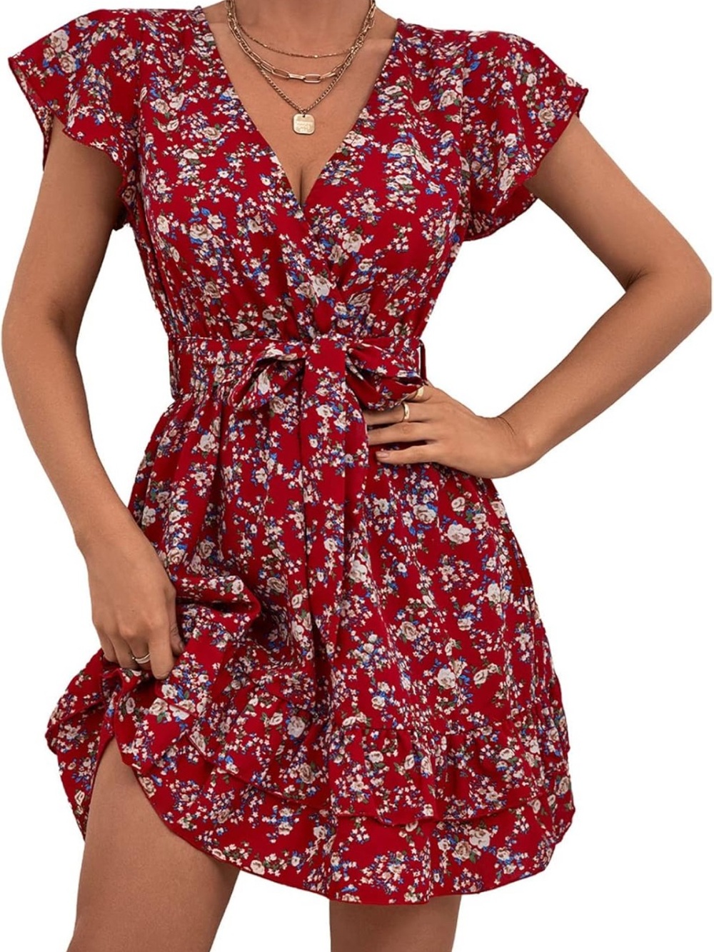 Amazon Red Floral Wrap Mini Dress with Tie Waist